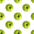 Seamless pattern fresh green apples on white background isolated top view, granny smith apple repeating ornament, tasty fruits Royalty Free Stock Photo