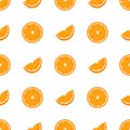 Seamless pattern with fresh half and cut slice orange fruit on white background. Tangerine. Organic fruit. Cartoon style. Vector Royalty Free Stock Photo
