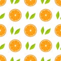 Seamless pattern with fresh half orange fruit and green leaves on white background. Tangerine. Organic fruit. Cartoon style. Royalty Free Stock Photo