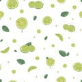 Seamless pattern of fresh lime slices, green mint leaves isolated on white background. Botanical watercolor illustration for card