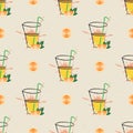 Seamless pattern Fresh orange juice in a glass. Citrus natural fruit drink in hatching style