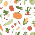 Seamless pattern with fresh organic vegetables and healthy vegetarian green food on white background. Endless repeatable