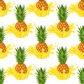 Seamless pattern with fresh pineapple yellow juice splash burst isolated on white background. Summer fruit juice. Vector