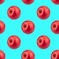 Seamless pattern of fresh red apples on blue background isolated, bright shiny apple repeating ornament, tasty juicy ripe fruits Royalty Free Stock Photo