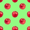 Seamless pattern of fresh red apples on green background isolated, bright shiny apple repeating ornament, tasty juicy ripe fruits Royalty Free Stock Photo