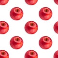 Seamless pattern of fresh red apples on white background isolated, bright shiny apple repeating ornament, tasty juicy ripe fruits Royalty Free Stock Photo