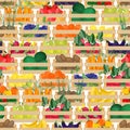 Seamless pattern with fresh ripe organic fruits and vegetables in wooden boxes. Backdrop with harvest or gathered crops