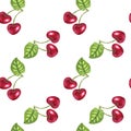 Seamless pattern fresh ripe red cherry berries with a green leaf. Botanical painting. Hand drawn illustration isolated Royalty Free Stock Photo