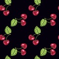 Seamless pattern fresh ripe red cherry berries with a green leaf. Botanical painting. Hand drawn illustration isolated Royalty Free Stock Photo