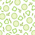 Seamless pattern of fresh slices of green cucumber and pepper slices, vector illustration of the concept of a healthy salad