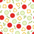 Seamless pattern of fresh slices of tomato cucumber and pepper slices, vector illustration of the concept of a healthy salad