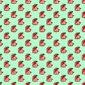 Seamless Pattern of Strawberry Whole Fruit and Cross Section Created Heart Shape on Mint Green Background