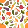 Seamless pattern with fresh tasty organic vegetables and mushrooms on white background. Backdrop with vegetarian food