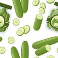 Seamless pattern. Fresh tomatoes and pickled cucumbers. Whole and half cut juicy cucumbers. Flat vector illustration on white