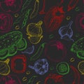 Seamless pattern with fresh vegetables on black background. Tomato, pepper, cucumber, chilli, onion, garlic and beans Royalty Free Stock Photo