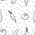 Seamless pattern with fresh vegetables - cucumbers, tomatoes, carrots. Black outline on white background