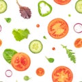 A seamless pattern of fresh vegetables and salad leaves. Tomato, cucumber, onion and pepper slices Royalty Free Stock Photo