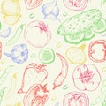 Seamless pattern with fresh vegetables. Tomato, pepper, cucumber, chilli, onion, garlic and beans Royalty Free Stock Photo