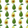 Seamless pattern with fresh whole, half avocado with heart isolated on white background. Summer fruits for healthy lifestyle. Royalty Free Stock Photo