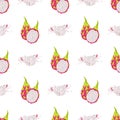 Seamless pattern with fresh whole and half cut red pitaya fruits isolated on white background. Summer fruits for healthy lifestyle Royalty Free Stock Photo