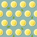 Seamless pattern of fresh yellow lemon slices with leaves on a turquoise background. Bright seamless citrus fruit