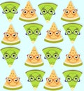 Seamless pattern with fresh yellow melon and green kiwi over blue background. Summer fruit background Royalty Free Stock Photo