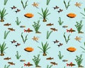 Seamless pattern with freshwater fishes and water plants in colour image. Species of fish: gourami, swordtail, danio, rainbowfish Royalty Free Stock Photo