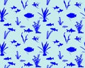 Seamless pattern with freshwater fishes and water plants in silhouette. Species of fish: gourami, swordtail, danio, rainbowfish, Royalty Free Stock Photo