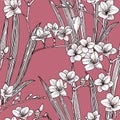 Seamless pattern with fresia. Hand drawn on the pink background