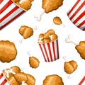 Seamless pattern fried chicken in strip bucket and fried chicken leg in flat style chicken thighs icon illustration on whit