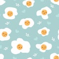 Seamless pattern of fried egg on blue love background.Cute cartoon character design Royalty Free Stock Photo