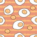 Seamless pattern with fried eggs on abstract striped background. Vintage doodle print for T-shirt, fabric, stationery. Hand drawn Royalty Free Stock Photo