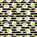 Seamless pattern with fried eggs on abstract striped background. Vintage doodle print for T-shirt, fabric, stationery. Hand drawn Royalty Free Stock Photo