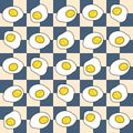 Seamless pattern with fried eggs on checkered background. Retro print for tee, textile, stationery. Hand drawn vector illustration Royalty Free Stock Photo