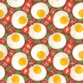 Seamless pattern with fried eggs, delicious bacon and tomato