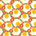 Seamless pattern with fried eggs, delicious bacon and tomato Royalty Free Stock Photo