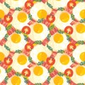 Seamless pattern with fried eggs, delicious bacon and tomato