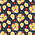 Seamless pattern fried eggs in a frying pan with vegetables, tomatoes, peppers. Healthy brunch on a table. Hand drawn background Royalty Free Stock Photo