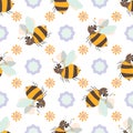 Seamless pattern with Friendly Cute cartoon Bee and flower