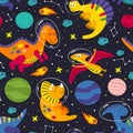 Seamless pattern with a friendly dinosaurs in space