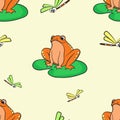 Seamless pattern, frog on a water lily. Vector lace pattern Royalty Free Stock Photo