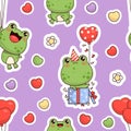Seamless pattern with frogs with balloons and birthday boy with gift on purple background. Cute kawaii animal character