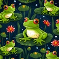 Seamless pattern with frogs on the pond. Vector illustration