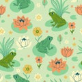 Seamless pattern with frogs and water lilies. Vector graphics Royalty Free Stock Photo