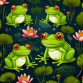 Seamless pattern with frogs and water lilies. Vector illustration