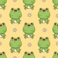 Seamless pattern with frogs on yellow background with daisy flowers. Cute kawaii animal character. Vector illustration Royalty Free Stock Photo