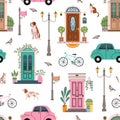 Seamless pattern front doors. House facade entrances, old main porches, vintage street elements, outdoor lanterns