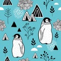 Seamless pattern with frozen mountains and penguins.