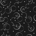 Seamless pattern with fruit apples, white outline on black background. Vector cartoon illustration.