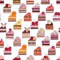 Seamless pattern with fruit cake slices.
